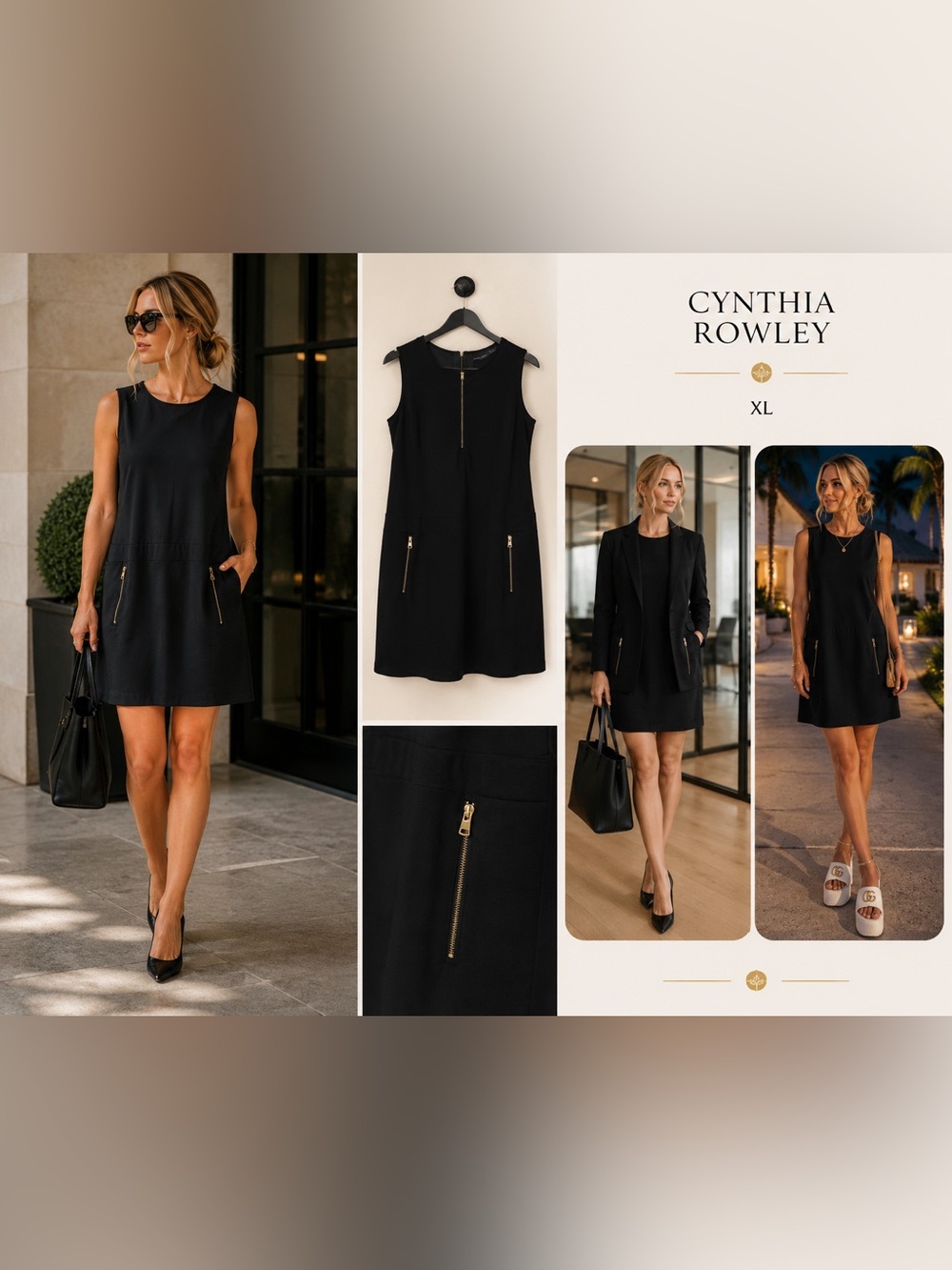 SOLD Cynthia Rowley Navy Sleeveless Shift Dress with Gold Zipper Accents - Picture 3 of 6